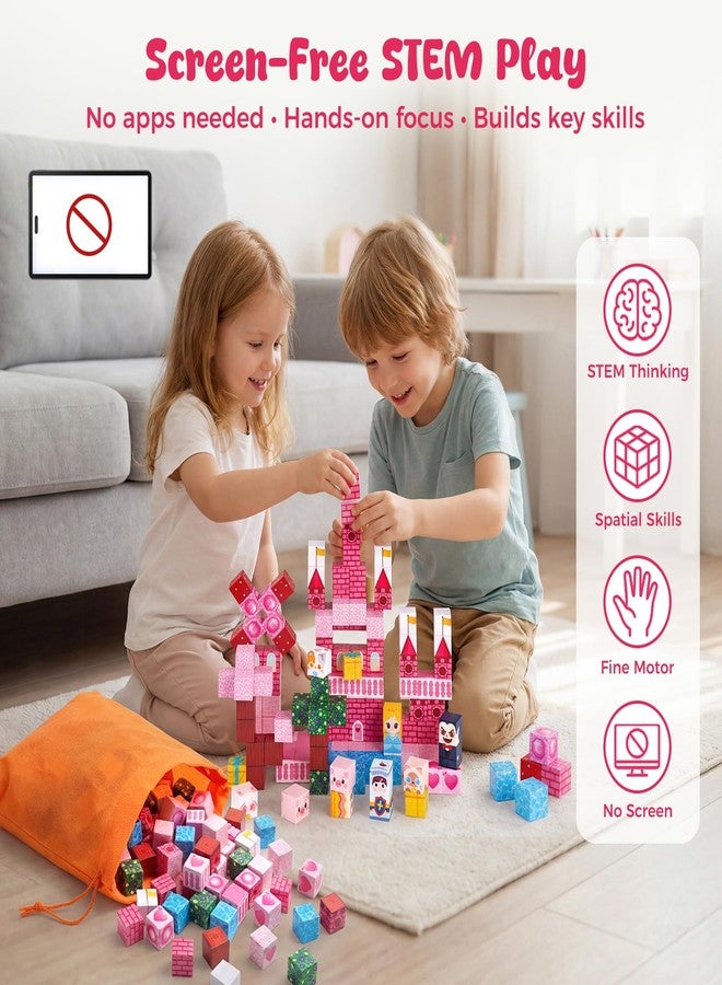 3 otters Magnetic Blocks 150PCS, Princess Castle Magnet Cubes STEM Montessori Building Toys for Girls, Sensory Gifts for Kids Birthday Christmas - Image 5